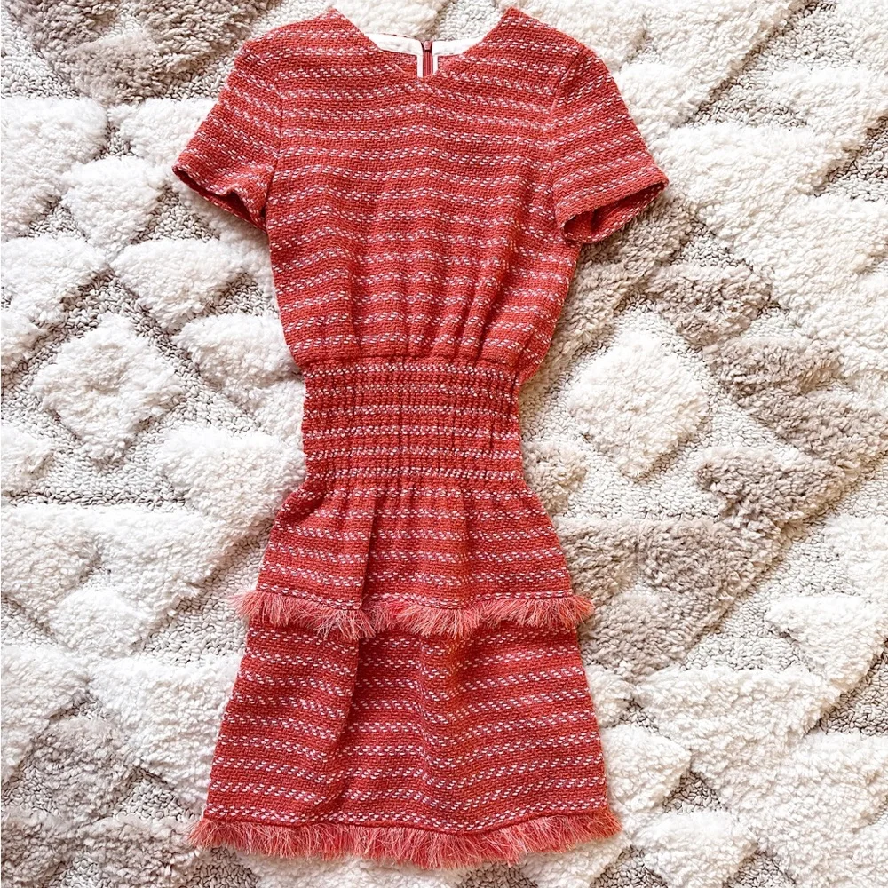 $400 maje tweed fringed striped fitted mini dress orange coral sz xs 34 - Picture 3 of 8